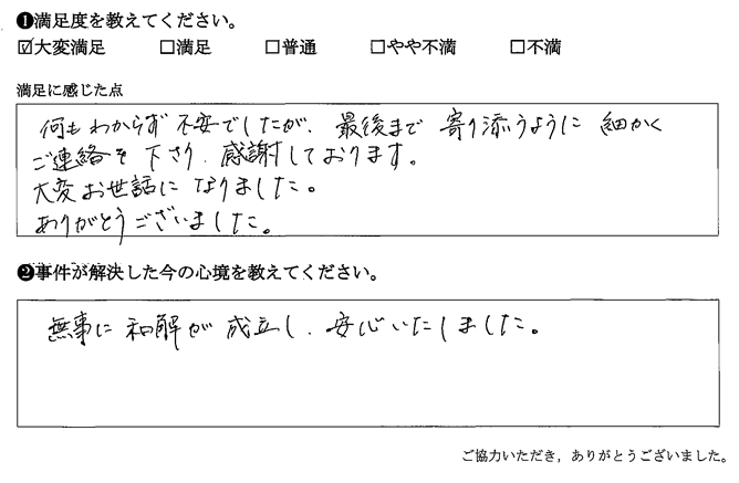 無事に和解が成立し、安心いたしました