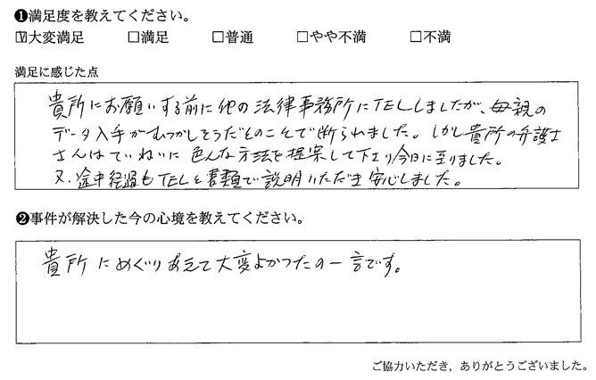 貴所の弁護士さんはていねいに色んな方法を提案して下さり今日に至りました