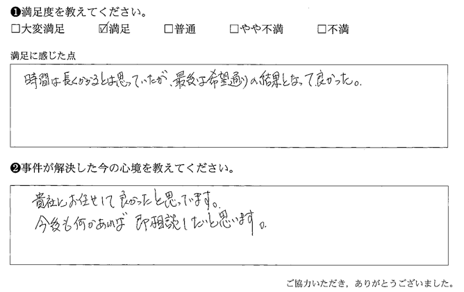 時間は長くかかるとは思っていたが、最後は希望通りの結果となって良かった